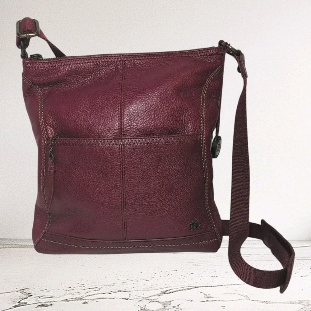 The Sak Genuine Red‎ Leather Crossbody Handbag Tan Stitching Vibrant Lining